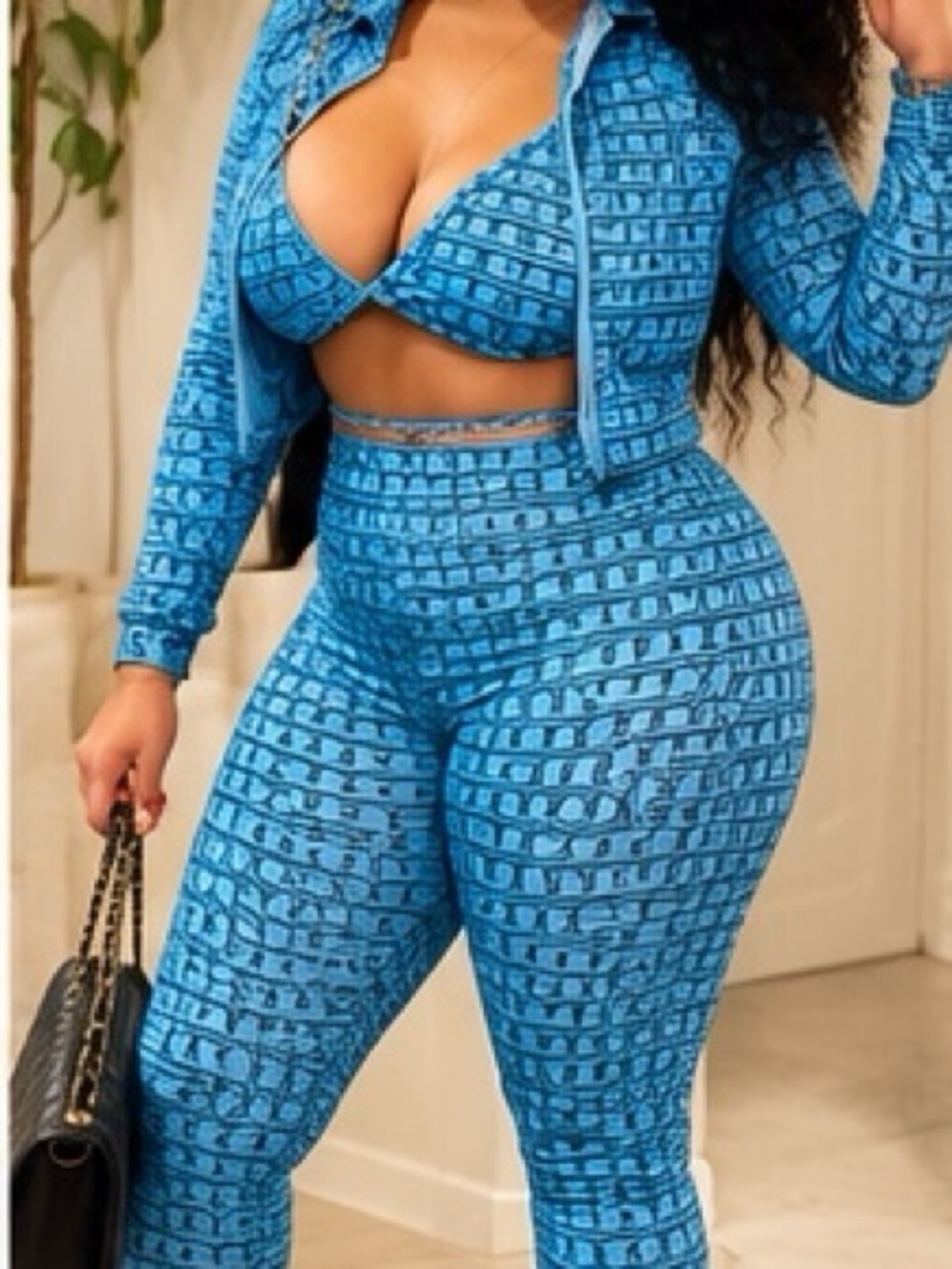 High-Waist Blue Patterned Leggings - Women Pants & Jumpsuits